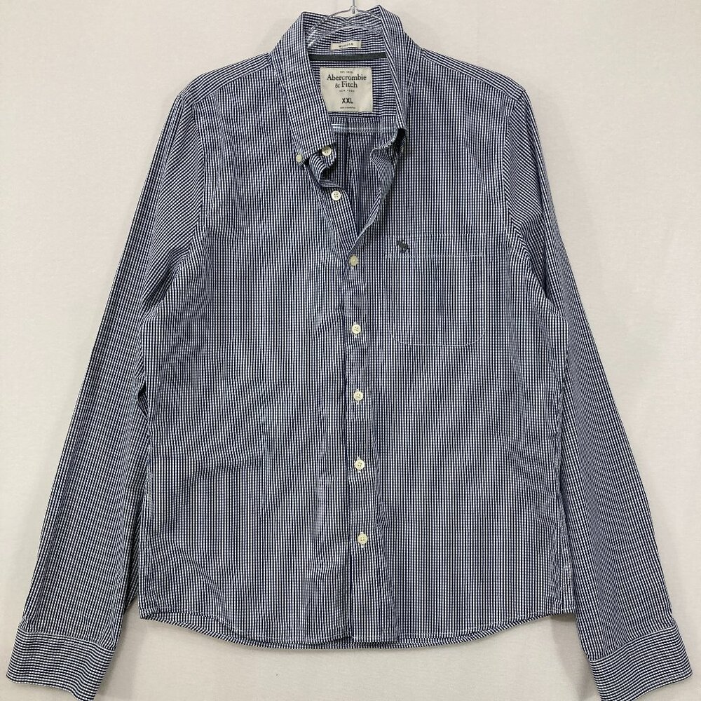 Abercrombie & Fitch Men's Shirt XXL Muscle Navy Gingham Long Sleeve Button‎ Up